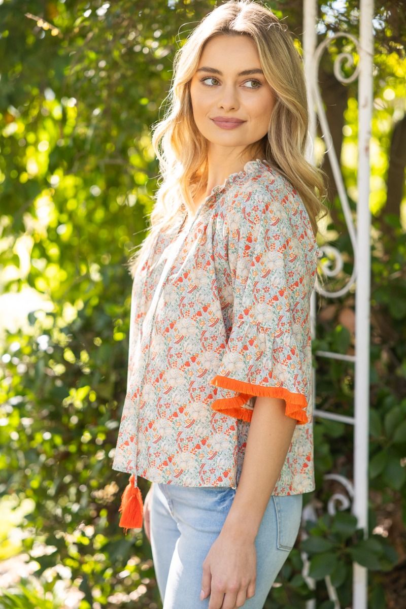 Front Self Tie Tassel Fringe Floral Top - Lush Lemon - Women's Clothing - Voy - 90900471086909