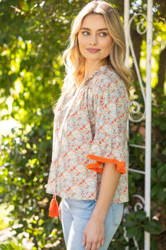 Front Self Tie Tassel Fringe Floral Top - Lush Lemon - Women&