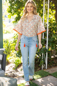 Front Self Tie Tassel Fringe Floral Top - Lush Lemon - Women&