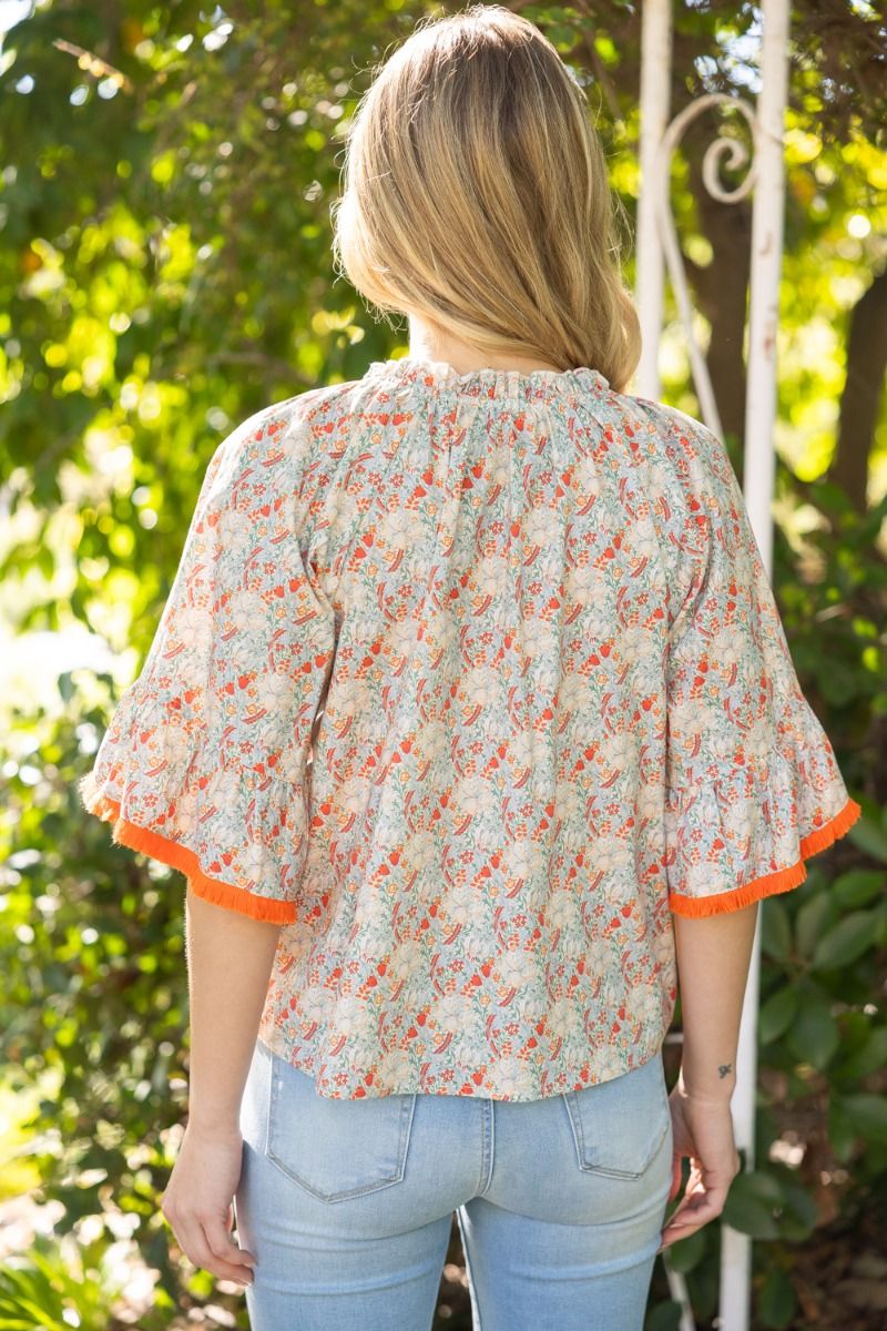 Front Self Tie Tassel Fringe Floral Top - Lush Lemon - Women's Clothing - Voy - 90900471086909