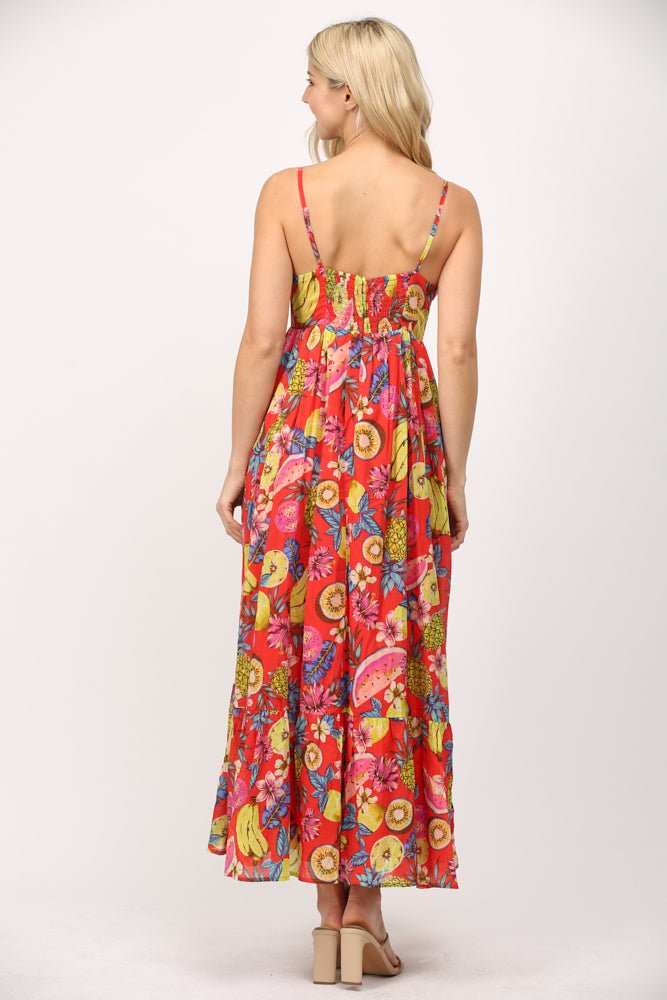 Fruit Motif Cotton Voile Maxi Dress W/ Floral Trim - Lush Lemon - Women's Clothing - Fate By LFD - 86849821087037