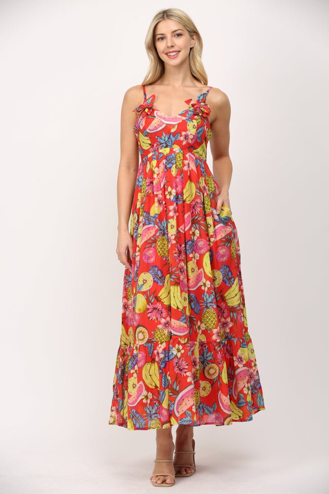 Fruit Motif Cotton Voile Maxi Dress W/ Floral Trim - Fate By LFD