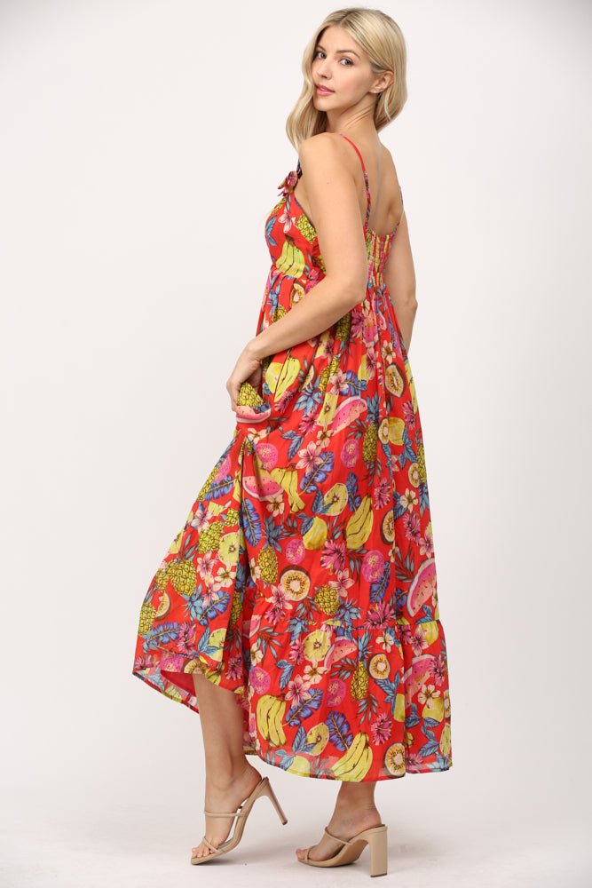 Fruit Motif Cotton Voile Maxi Dress W/ Floral Trim - Lush Lemon - Women's Clothing - Fate By LFD - 86849821087037