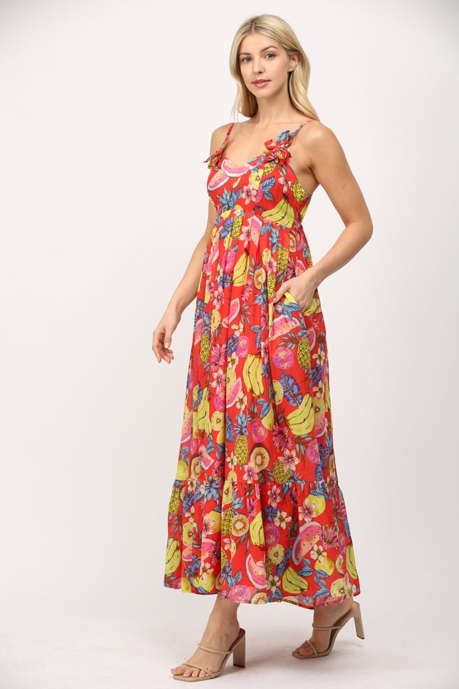 Fruit Motif Cotton Voile Maxi Dress W/ Floral Trim - Lush Lemon - Women's Clothing - Fate By LFD - 86849821087037