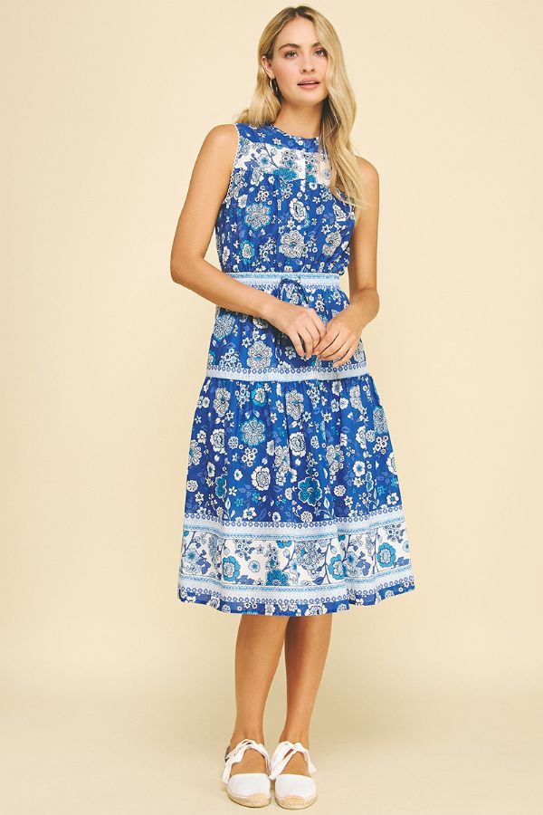 Contrast Floral Midi Dress W/Tie Waist