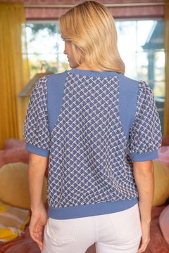 Geometric Ribbed Short Sleeve Knit Top - Lush Lemon - Women&