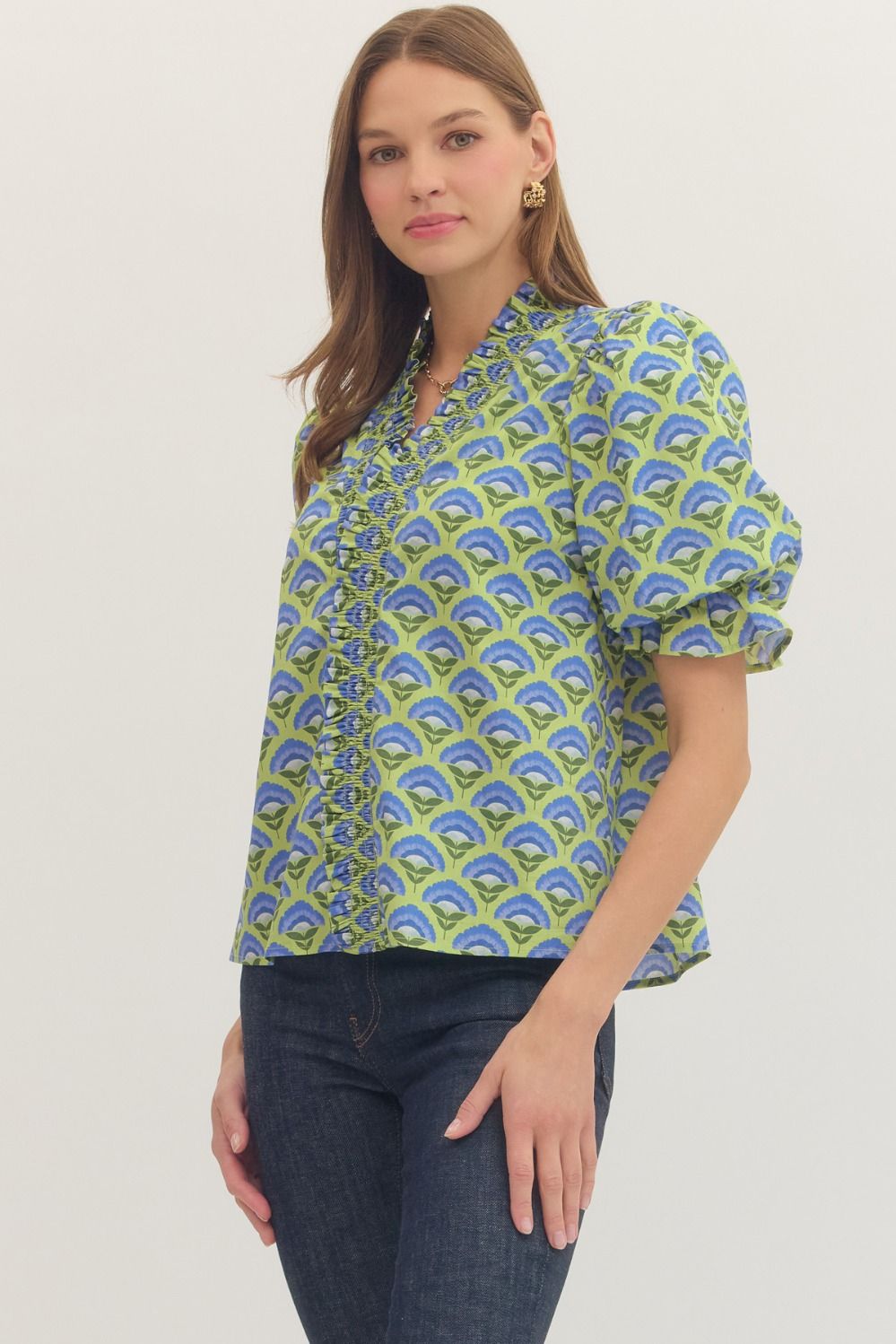 Geometric Smocked Ruffle Top - Lush Lemon - Women's Clothing - Entro - 30130351056253