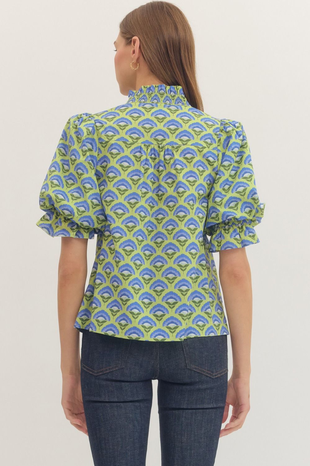Geometric Smocked Ruffle Top - Lush Lemon - Women's Clothing - Entro - 30130351056253