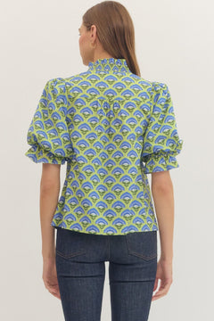 Geometric Smocked Ruffle Top - Lush Lemon - Women&