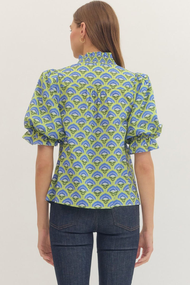 Geometric Smocked Ruffle Top - Lush Lemon - Women's Clothing - Entro - 30130351056253