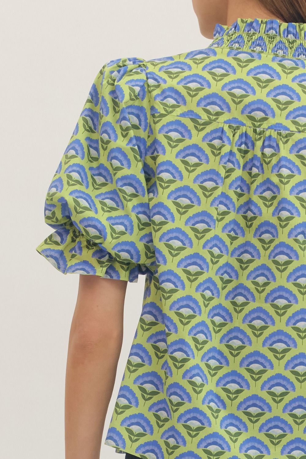 Geometric Smocked Ruffle Top - Lush Lemon - Women's Clothing - Entro - 30130351056253