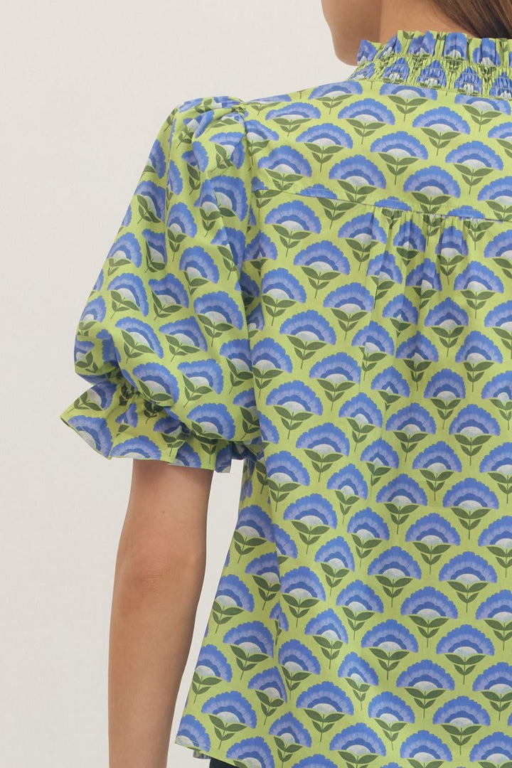 Geometric Smocked Ruffle Top - Lush Lemon - Women's Clothing - Entro - 30130351056253
