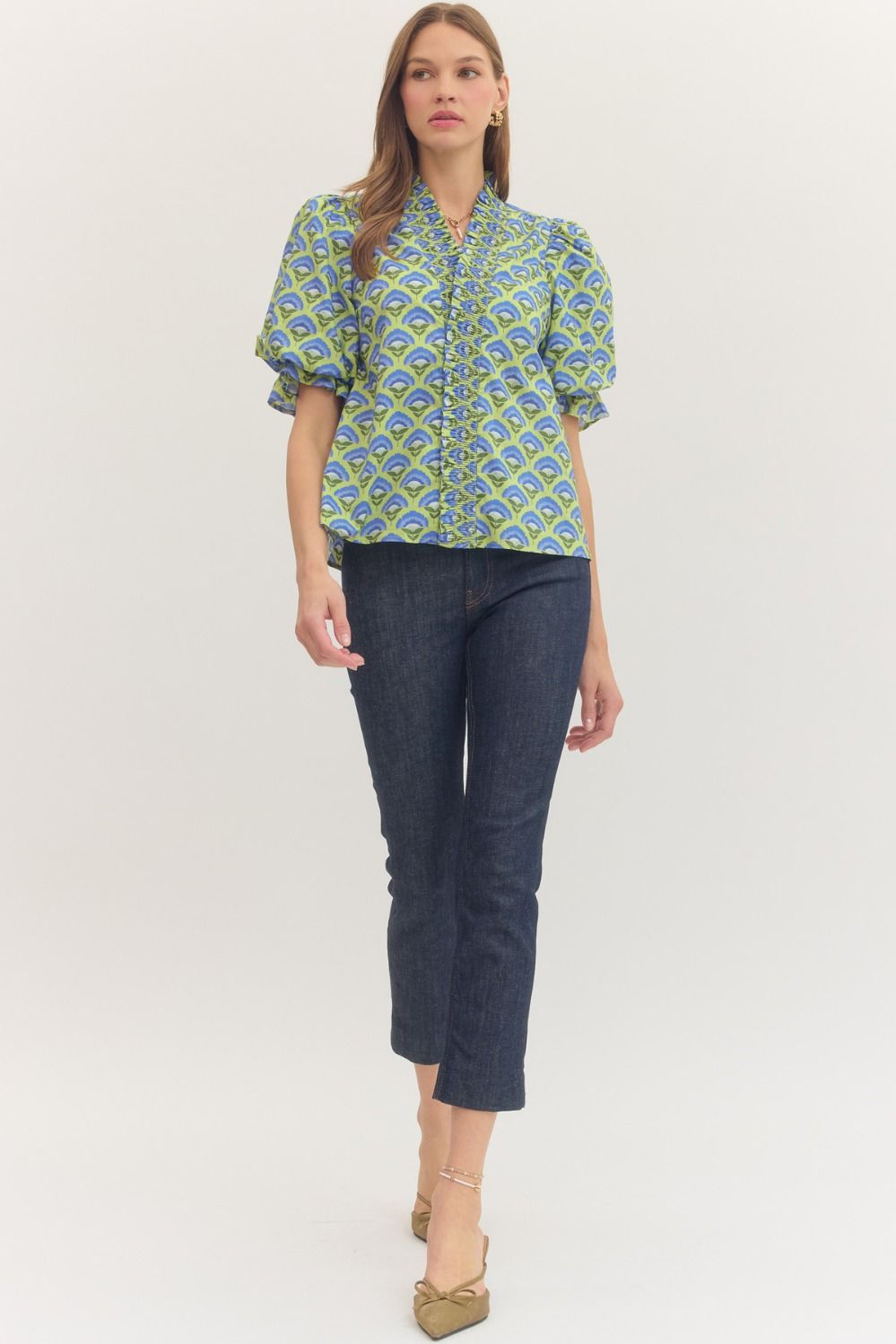 Geometric Smocked Ruffle Top - Lush Lemon - Women's Clothing - Entro - 30130351056253