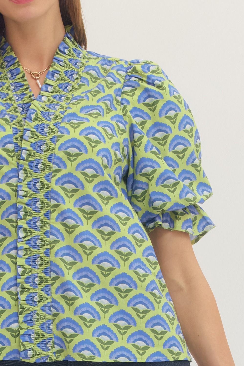 Geometric Smocked Ruffle Top - Lush Lemon - Women's Clothing - Entro - 30130351056253