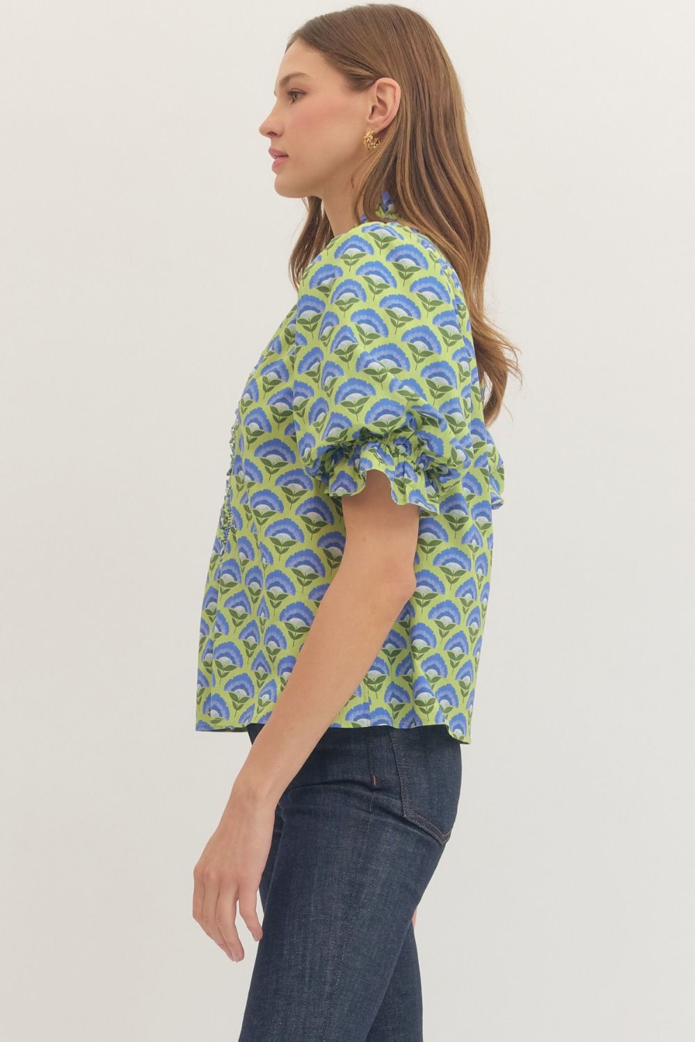 Geometric Smocked Ruffle Top - Lush Lemon - Women's Clothing - Entro - 30130351056253