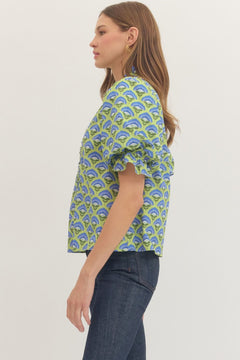 Geometric Smocked Ruffle Top - Lush Lemon - Women&