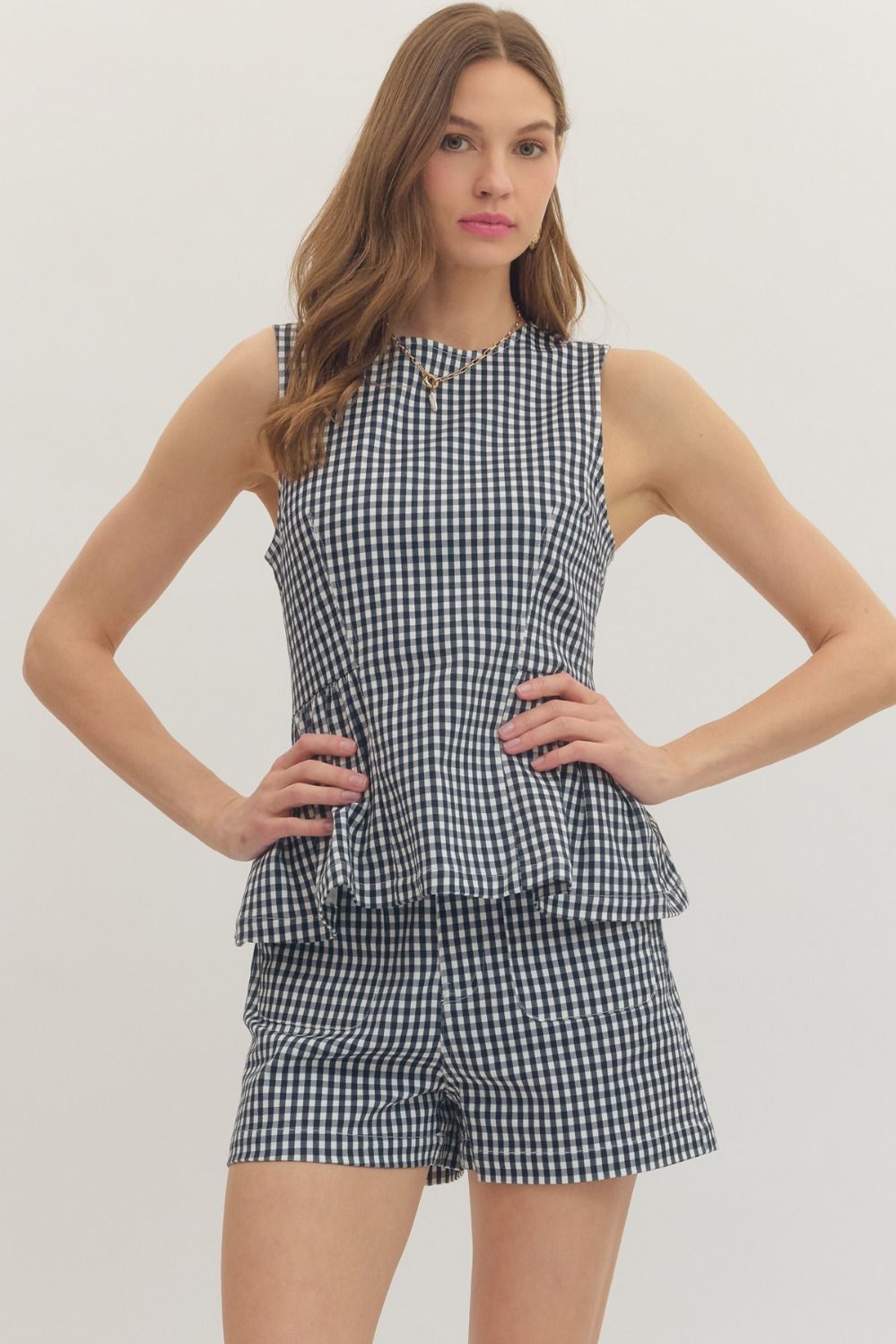 Gingham Peplum Sleeveless Top - Lush Lemon - Women's Clothing - Entro - 27308441015261