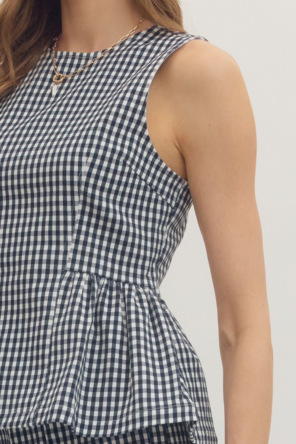 Gingham Peplum Sleeveless Top - Lush Lemon - Women's Clothing - Entro - 27308441015261