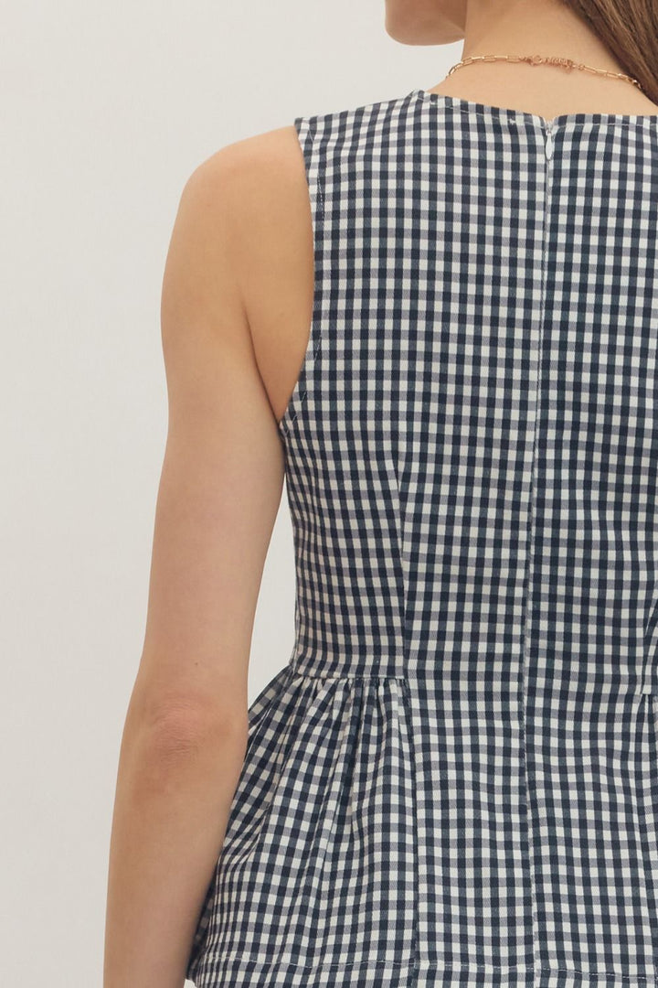 Gingham Peplum Sleeveless Top - Lush Lemon - Women's Clothing - Entro - 27308441015261