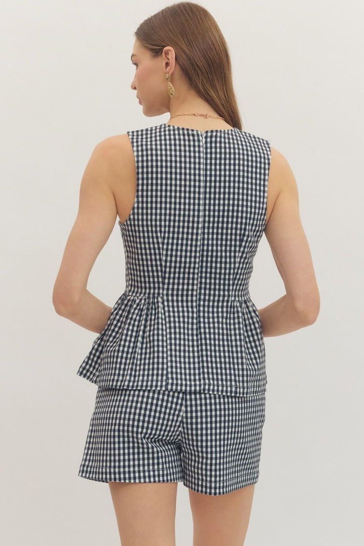 Gingham Peplum Sleeveless Top - Lush Lemon - Women's Clothing - Entro - 27308441015261