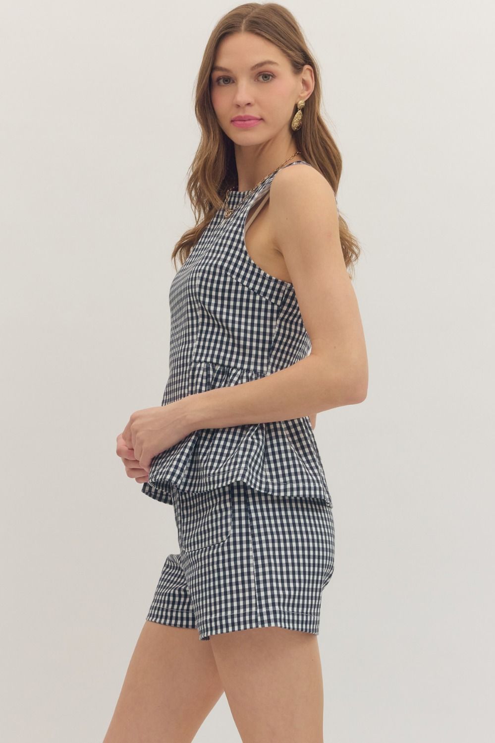 Gingham Peplum Sleeveless Top - Lush Lemon - Women's Clothing - Entro - 27308441015261