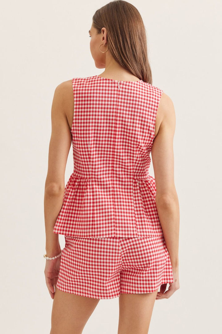 Gingham Peplum Sleeveless Top - Lush Lemon - Women's Clothing - Entro - 27308441313565