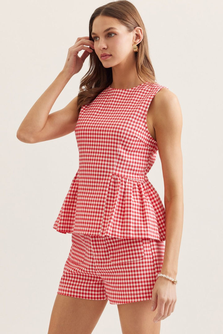 Gingham Peplum Sleeveless Top - Lush Lemon - Women's Clothing - Entro - 27308441313565