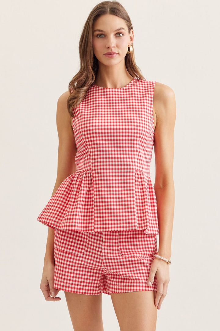 Gingham Peplum Sleeveless Top - Lush Lemon - Women's Clothing - Entro - 27308441313565