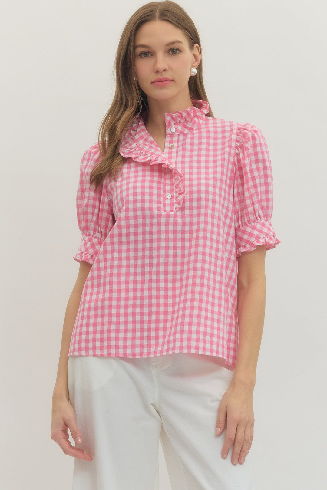 Gingham Ruffle Neck Puff Sleeve Top - Lush Lemon - Women's Clothing - Entro - 32824861049661