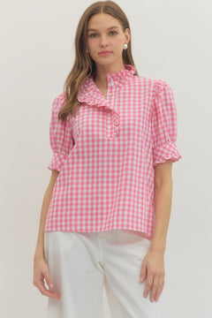 Gingham Ruffle Neck Puff Sleeve Top - Lush Lemon - Women&