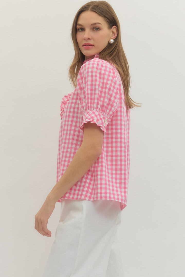 Gingham Ruffle Neck Puff Sleeve Top - Lush Lemon - Women's Clothing - Entro - 32824861049661