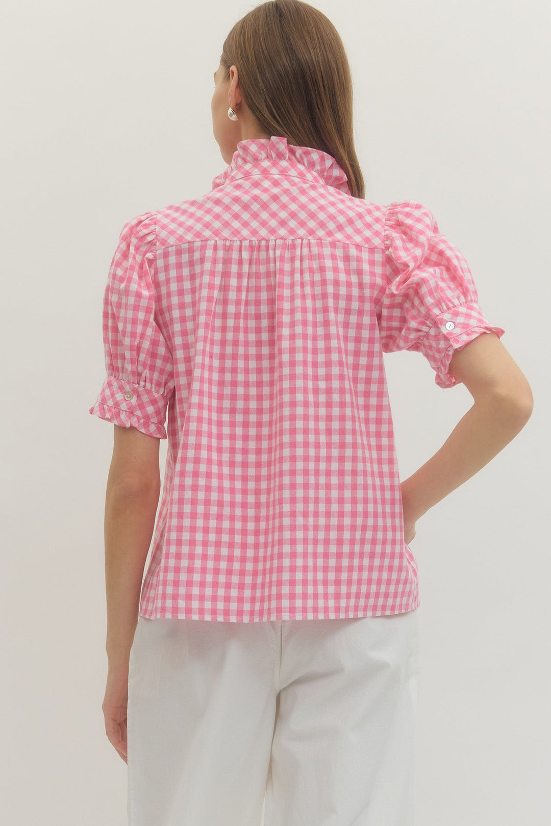 Gingham Ruffle Neck Puff Sleeve Top - Lush Lemon - Women's Clothing - Entro - 32824861049661