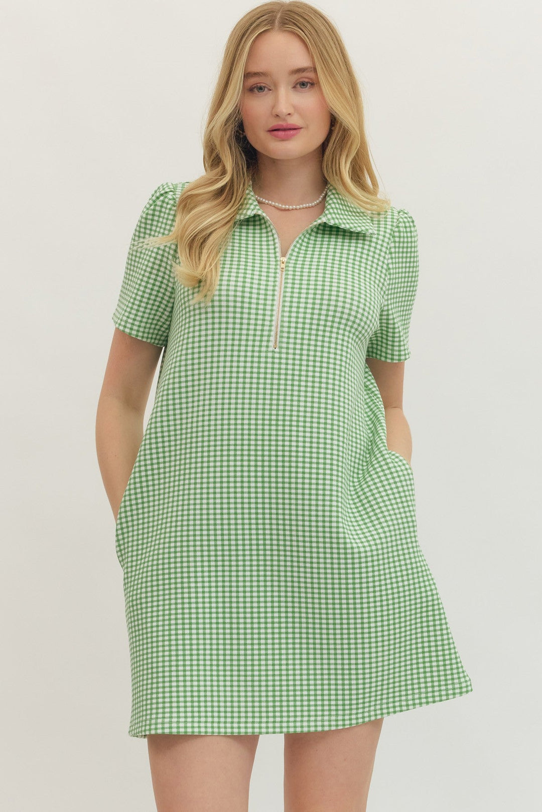 Gingham Short Sleeve Zip Mini Dress - Lush Lemon - Women's Clothing - Entro - 84223081068093