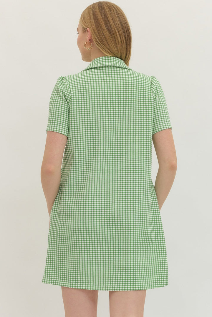 Gingham Short Sleeve Zip Mini Dress - Lush Lemon - Women's Clothing - Entro - 84223081068093