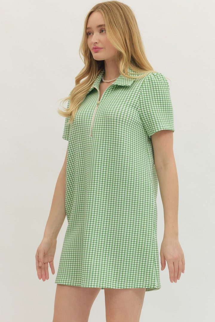 Gingham Short Sleeve Zip Mini Dress - Lush Lemon - Women's Clothing - Entro - 84223081068093