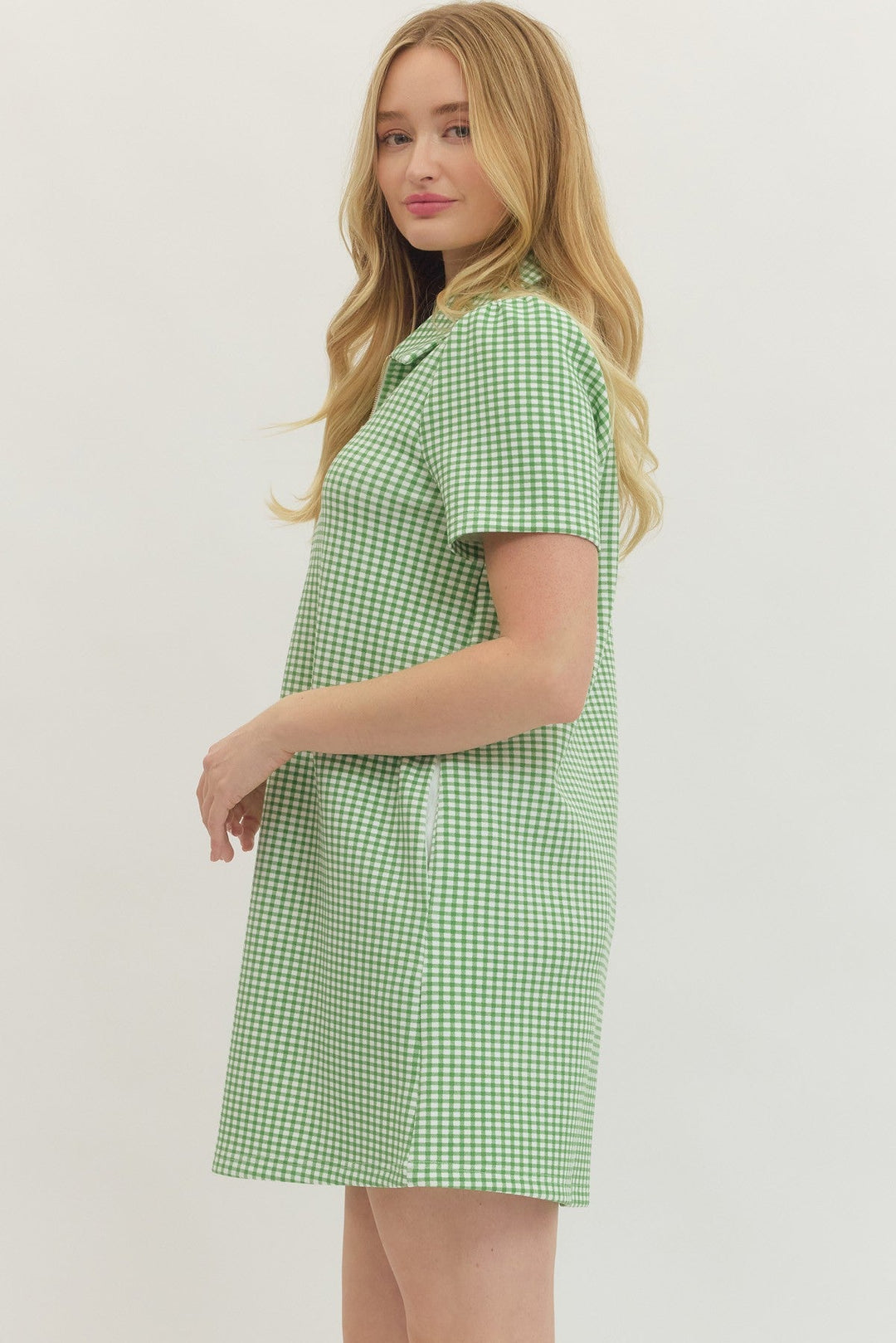 Gingham Short Sleeve Zip Mini Dress - Lush Lemon - Women's Clothing - Entro - 84223081068093