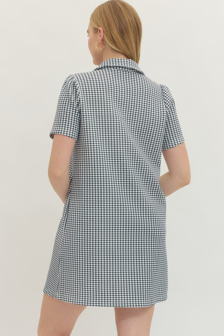 Gingham Short Sleeve Zip Mini Dress - Lush Lemon - Women's Clothing - Entro - 84223081366397