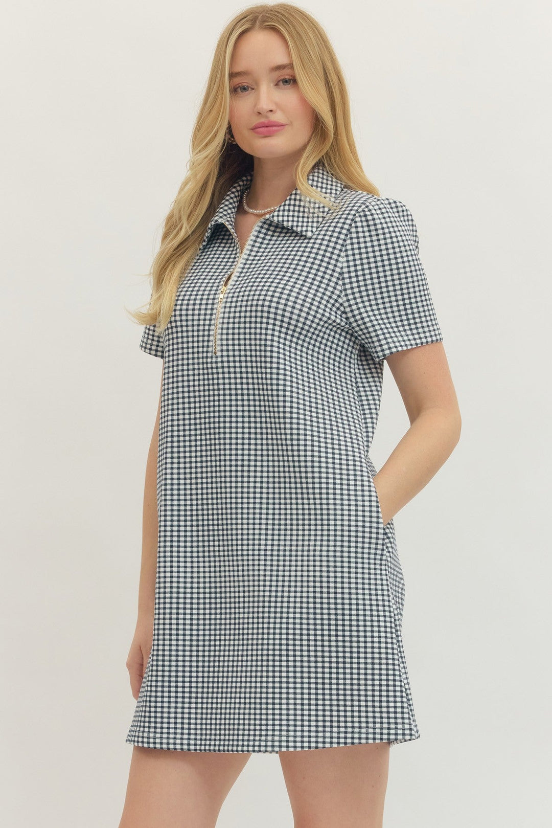 Gingham Short Sleeve Zip Mini Dress - Lush Lemon - Women's Clothing - Entro - 84223081366397