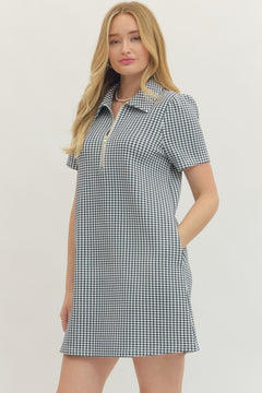 Gingham Short Sleeve Zip Mini Dress - Lush Lemon - Women&