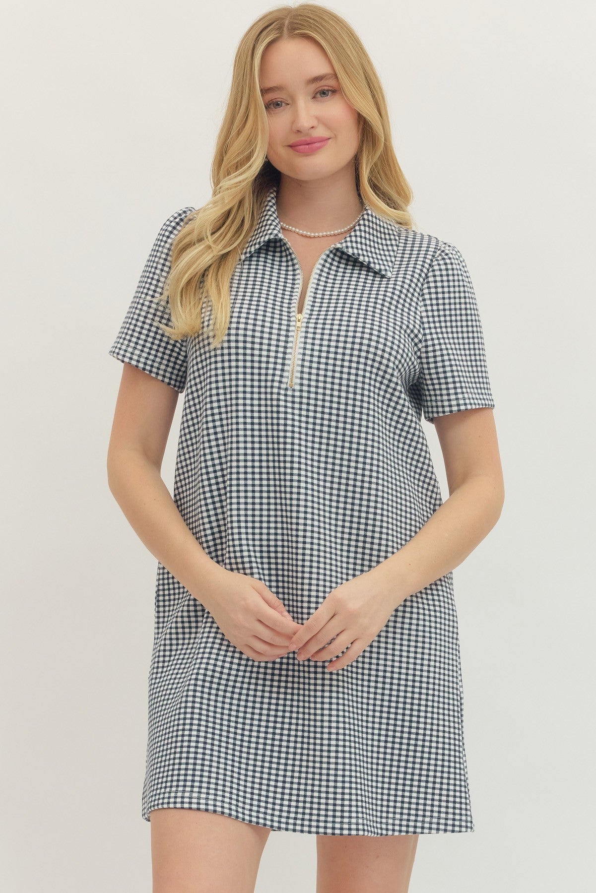 Gingham Short Sleeve Zip Mini Dress - Entro - Lush Lemon