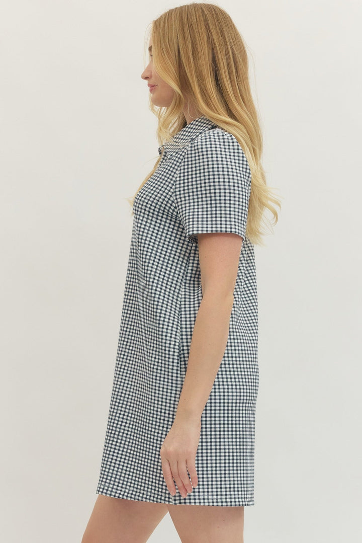 Gingham Short Sleeve Zip Mini Dress - Lush Lemon - Women's Clothing - Entro - 84223081366397
