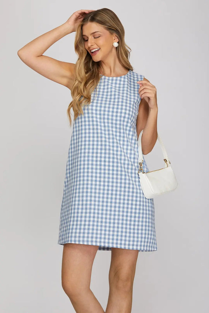 Gingham Sleeveless Mini Dress - Lush Lemon - Women's Clothing - She + Sky - 33335181014365