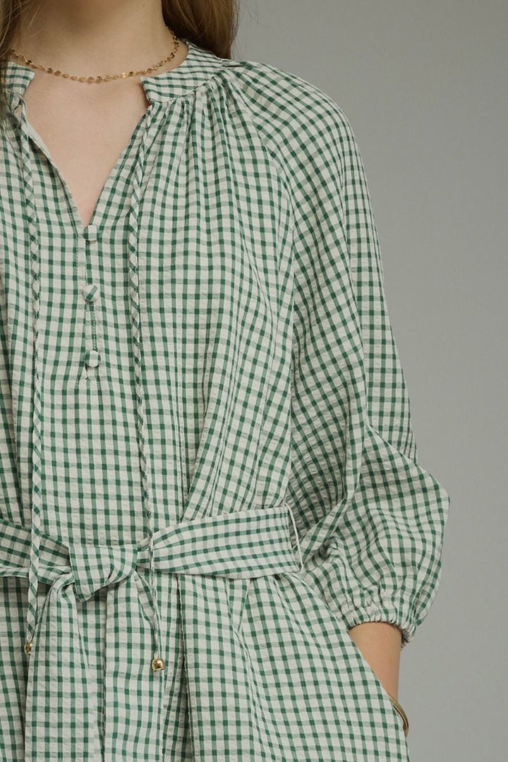 Gingham Tie Waist Mini Dress - Lush Lemon - Women's Clothing - Entro - 90789421081437