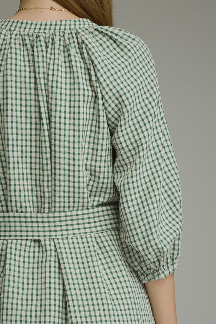 Gingham Tie Waist Mini Dress - Lush Lemon - Women's Clothing - Entro - 90789421081437