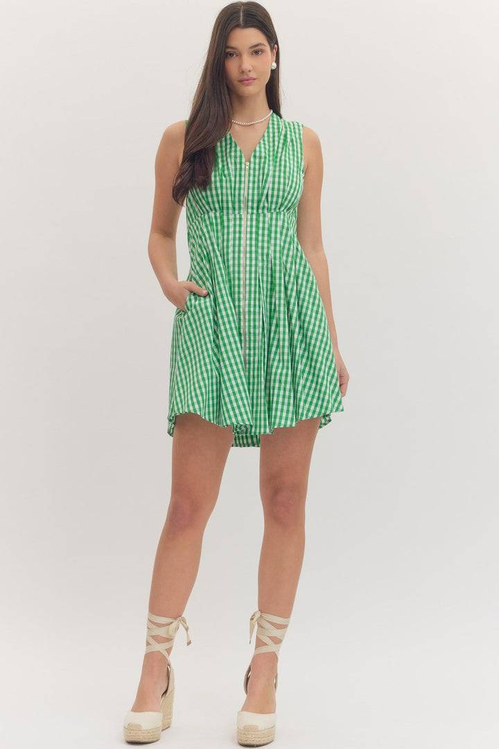 Gingham Zip Front Mini Dress - Lush Lemon - Women's Clothing - Entro - 45480931001373