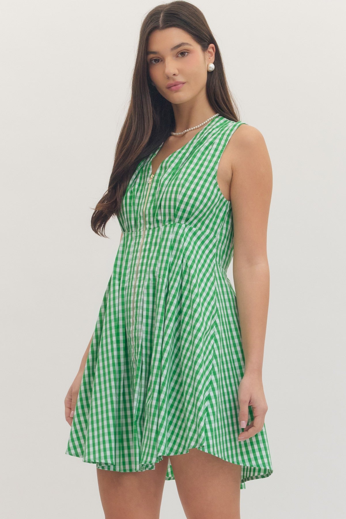 Gingham Zip Front Mini Dress - Entro - Lush Lemon