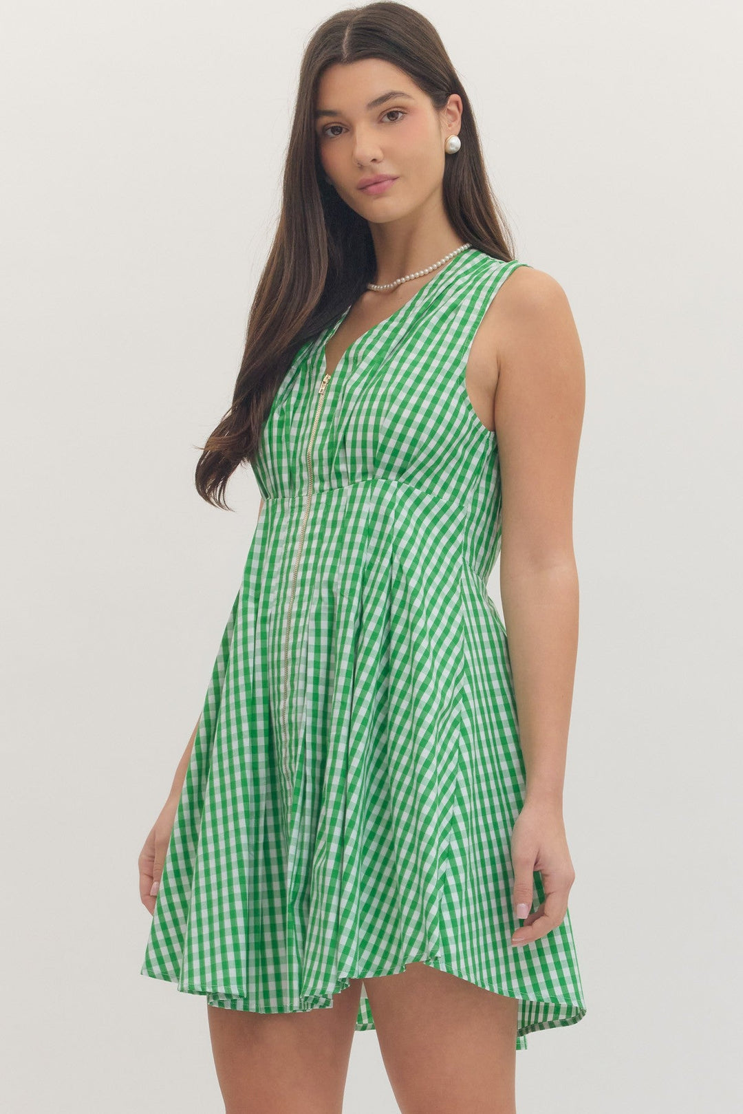 Gingham Zip Front Mini Dress - Lush Lemon - Women's Clothing - Entro - 45480931001373