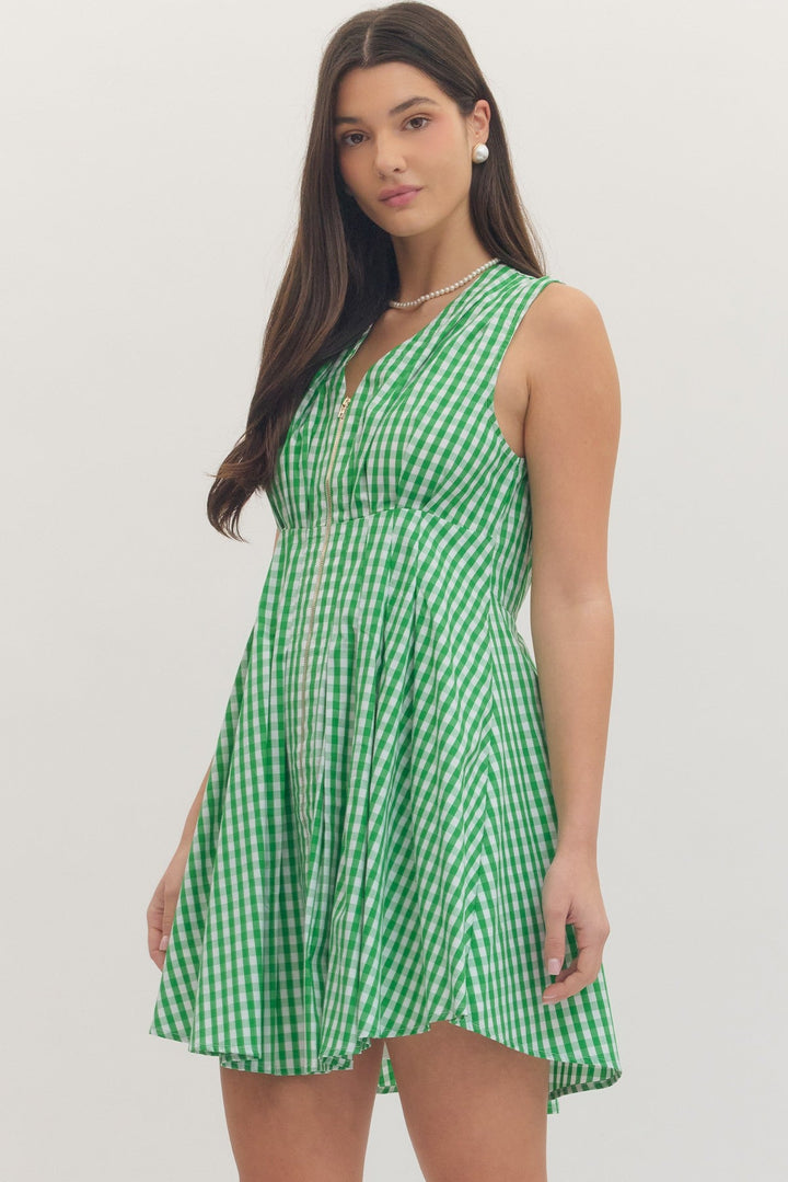 Gingham Zip Front Mini Dress - Lush Lemon - Women's Clothing - Entro - 45480931001373