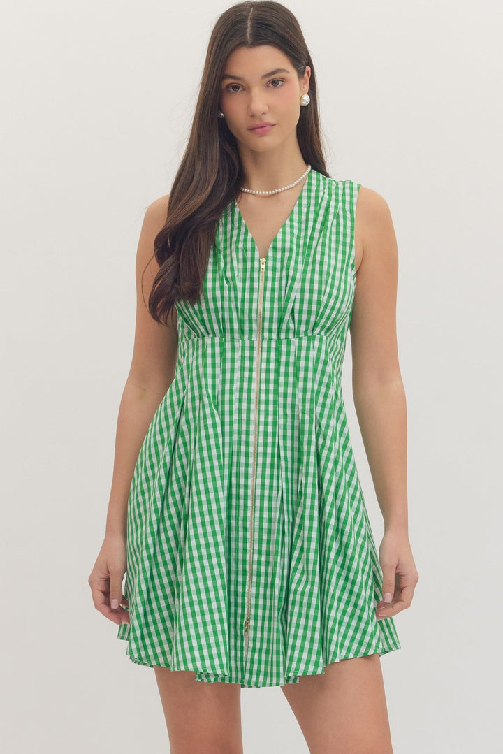 Gingham Zip Front Mini Dress - Lush Lemon - Women's Clothing - Entro - 45480931001373