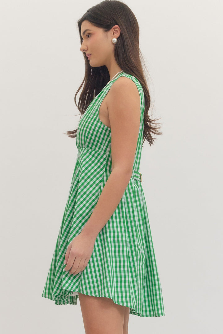 Gingham Zip Front Mini Dress - Lush Lemon - Women's Clothing - Entro - 45480931001373